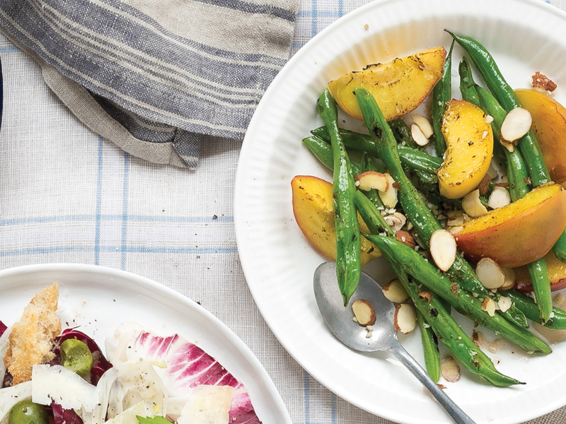 Grilled green beans and peaches