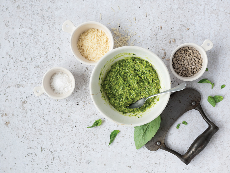 bowl of pesto with ingredients